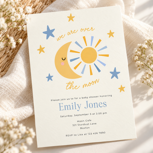 Over the Moon Baby Shower Invitation Boy – Celestial Sun & Moon BS345