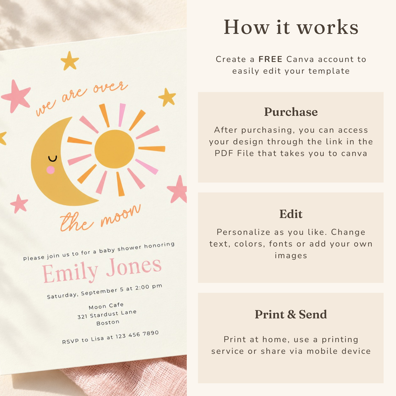 Over the Moon Baby Shower Invitation – Celestial Sun & Moon BS345