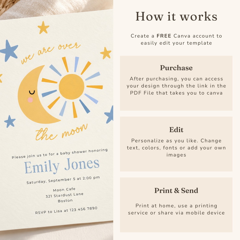 Over the Moon Baby Shower Invitation Boy – Celestial Sun & Moon BS345