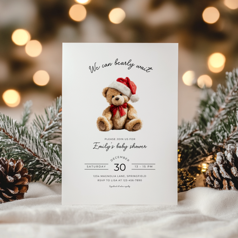 Baby Shower Invitation - Christmas Bear with Santa Hat BS245