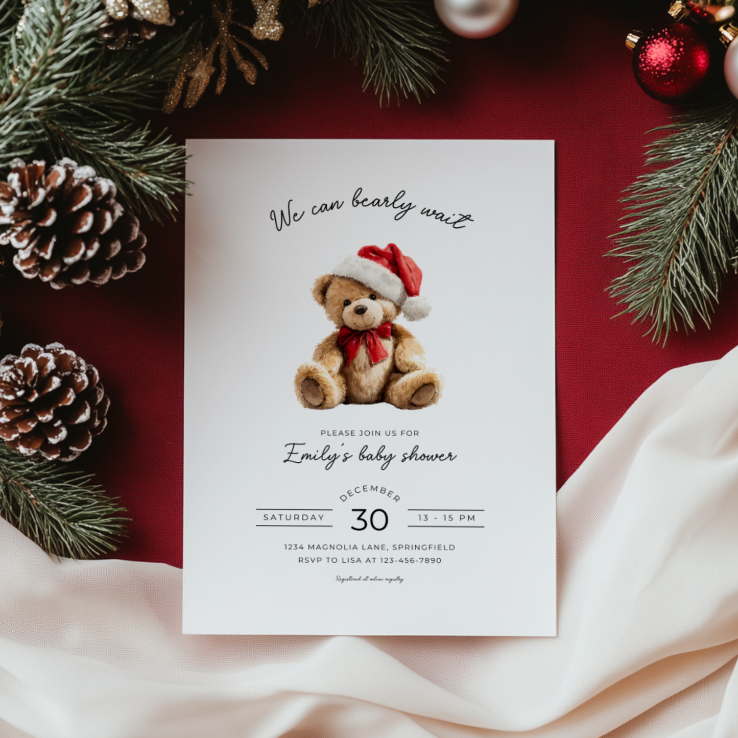 Baby Shower Invitation - Christmas Bear with Santa Hat BS245