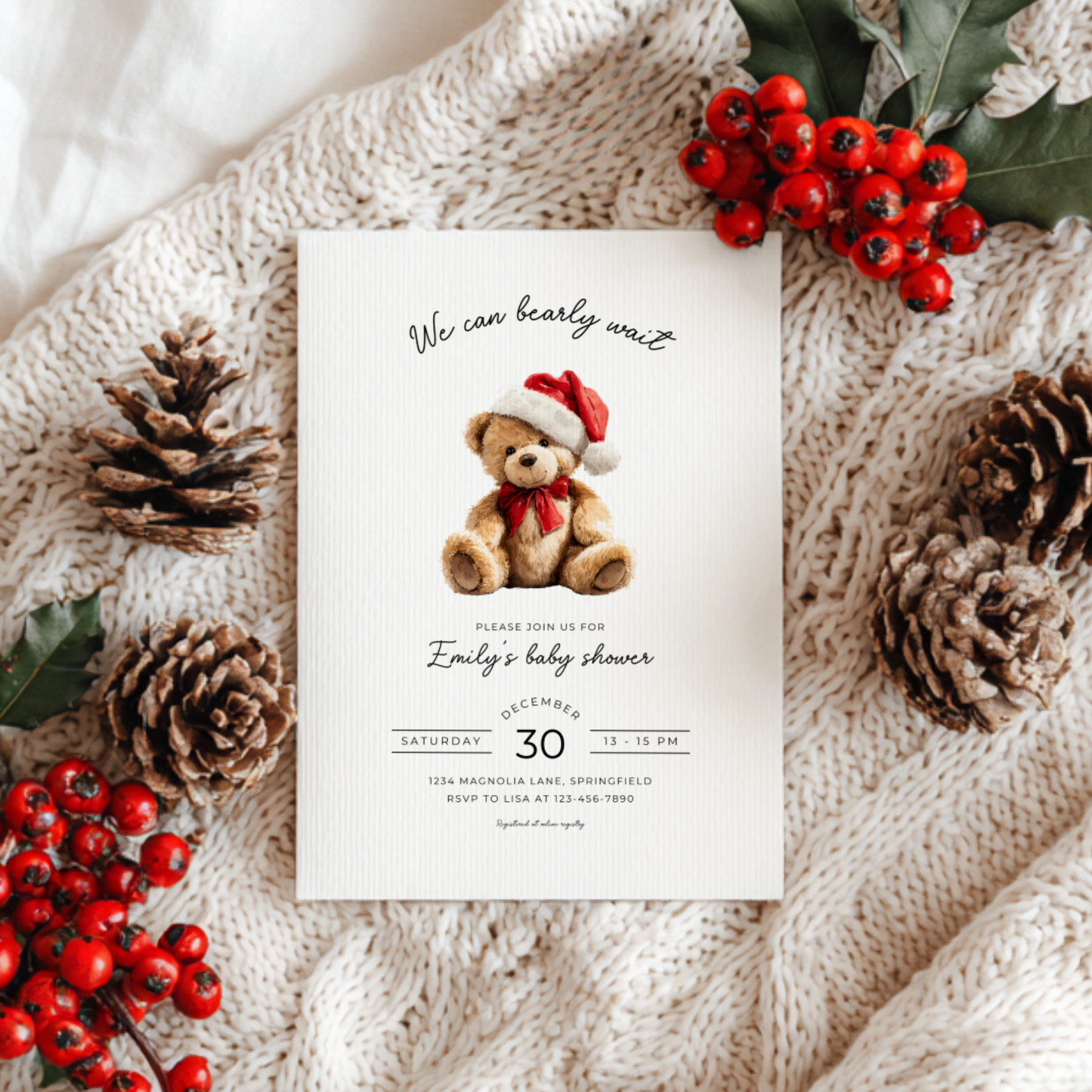 Baby Shower Invitation - Christmas Bear with Santa Hat BS245