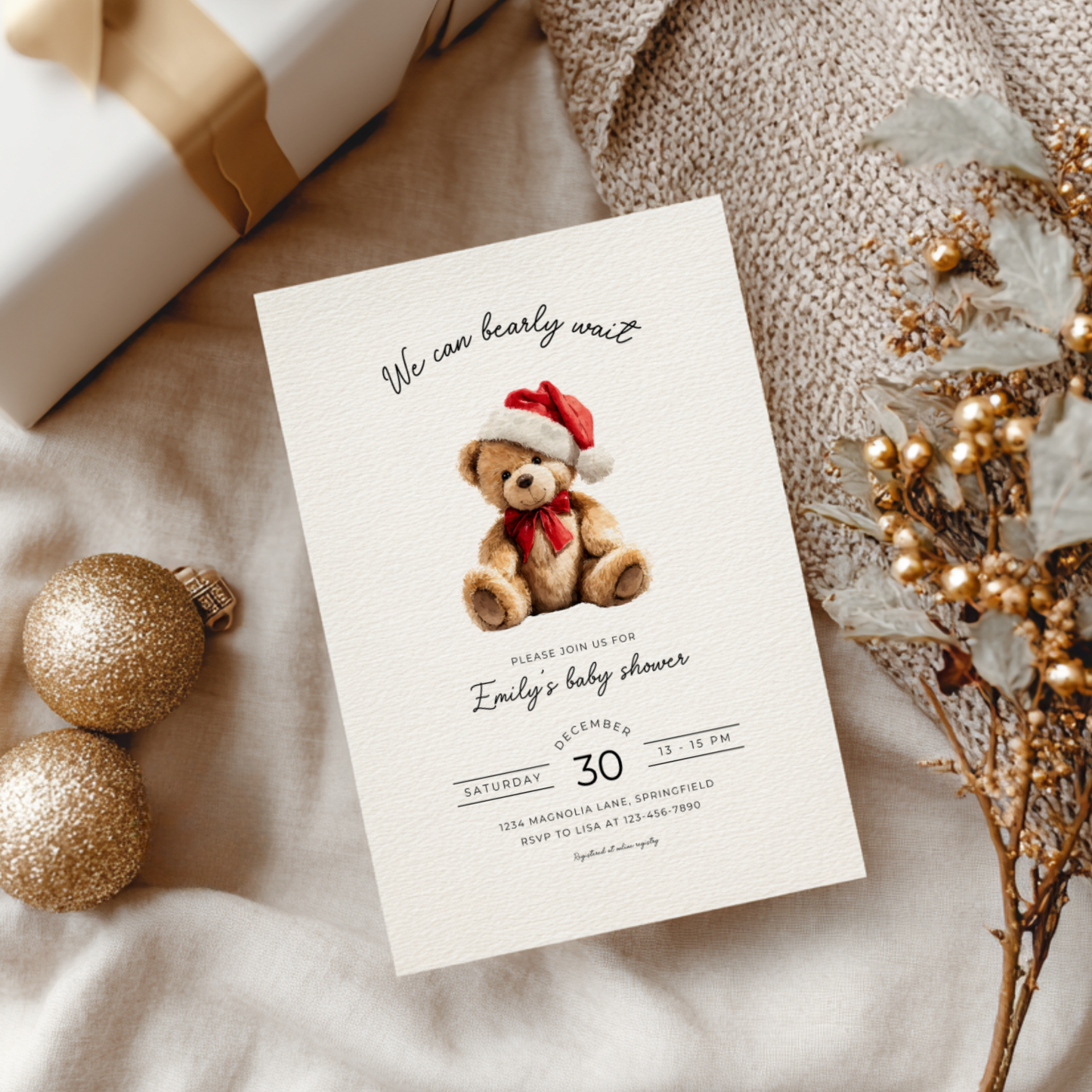 Baby Shower Invitation - Christmas Bear with Santa Hat BS245