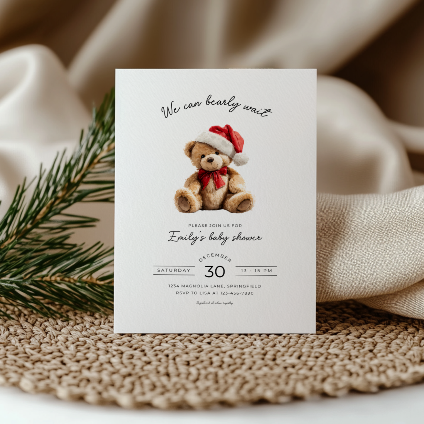 Baby Shower Invitation - Christmas Bear with Santa Hat BS245