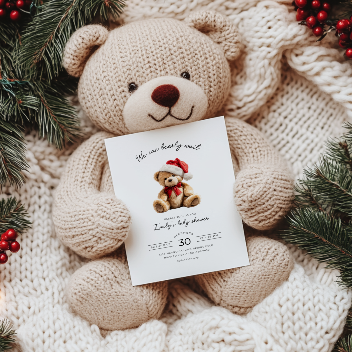 Baby Shower Invitation - Christmas Bear with Santa Hat BS245