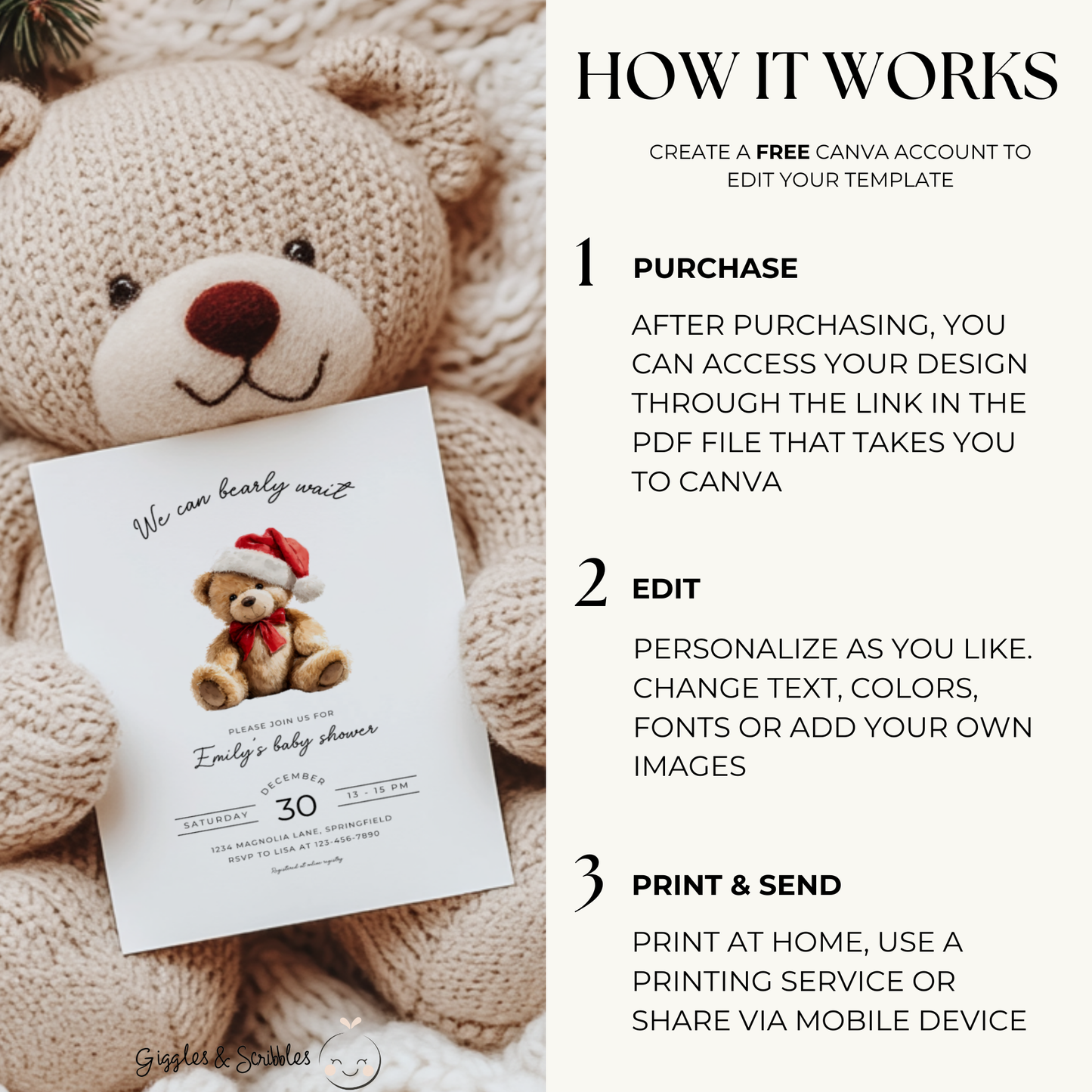 Baby Shower Invitation - Christmas Bear with Santa Hat BS245