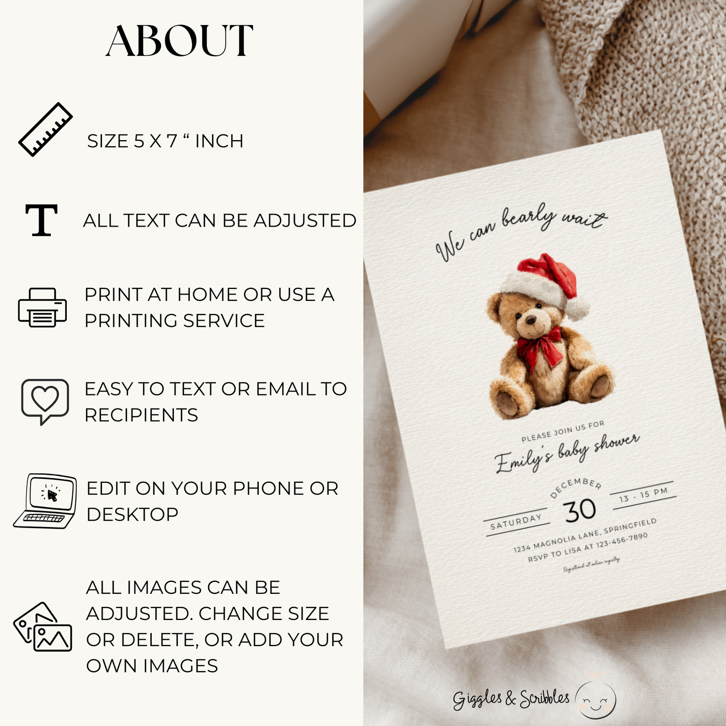 Baby Shower Invitation - Christmas Bear with Santa Hat BS245