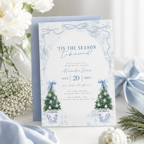 'Tis the Season To Be Married Bridal Shower Invitation Template Blue L40
