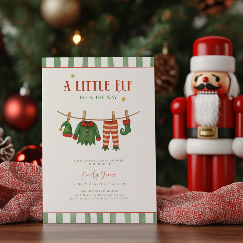 A Little Christmas Elf Is On The Way Baby Shower Invitation BS224