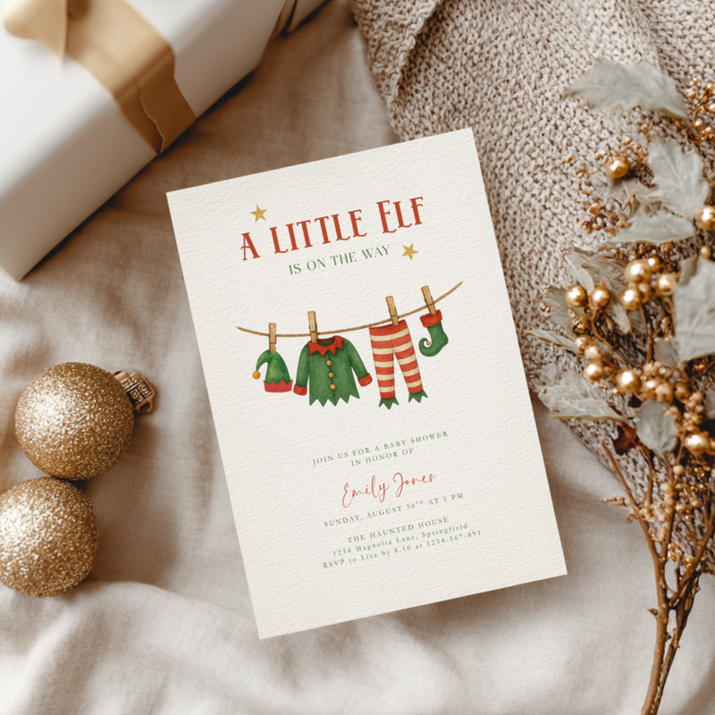 A Little Christmas Elf Is On The Way Baby Shower Invitation BS224