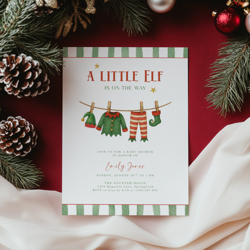 A Little Christmas Elf Is On The Way Baby Shower Invitation BS224