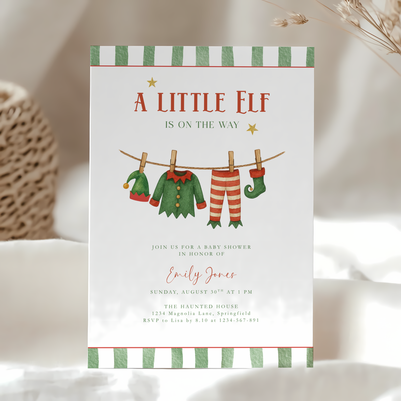 A Little Christmas Elf Is On The Way Baby Shower Invitation BS224