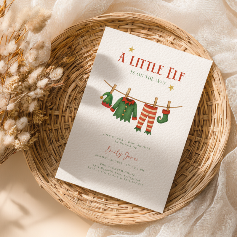 A Little Christmas Elf Is On The Way Baby Shower Invitation BS224