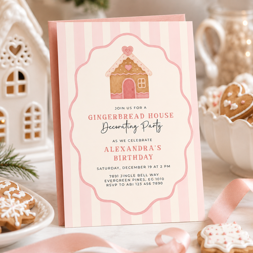 Pink Christmas Gingerbread House Birthday Party Invitation L54