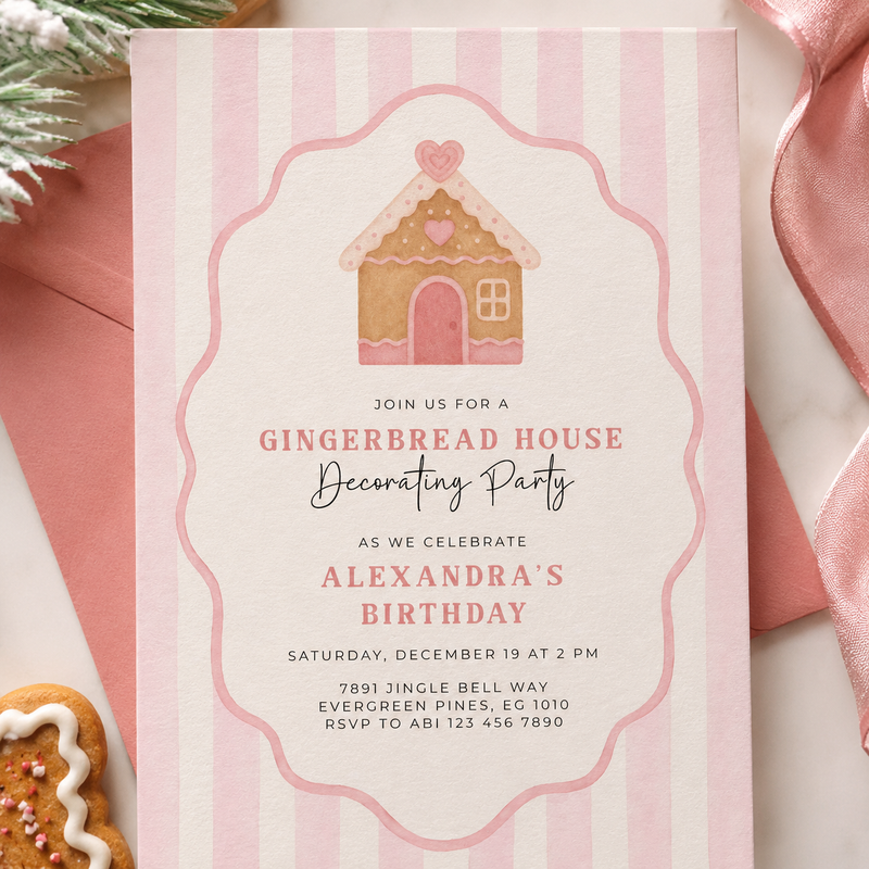 Pink Christmas Gingerbread House Birthday Party Invitation L54