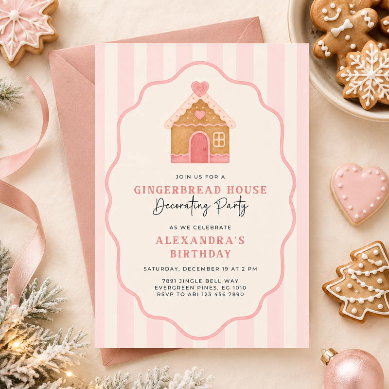 Pink Christmas Gingerbread House Birthday Party Invitation L54