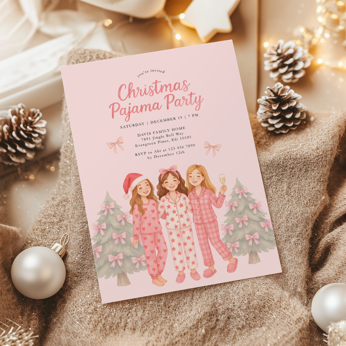 Christmas Pajama Party Invitation Template for Adult (Champagne) L34