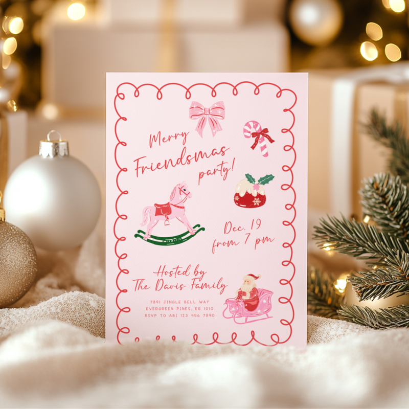 Pink Hand Drawn Christmas Invitation Template L51