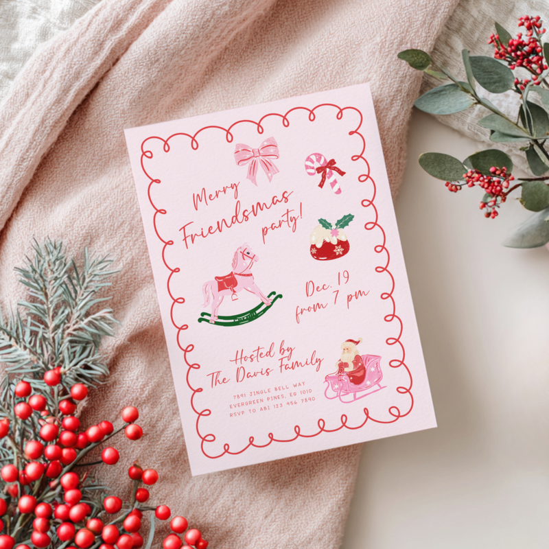 Pink Hand Drawn Christmas Invitation Template L51