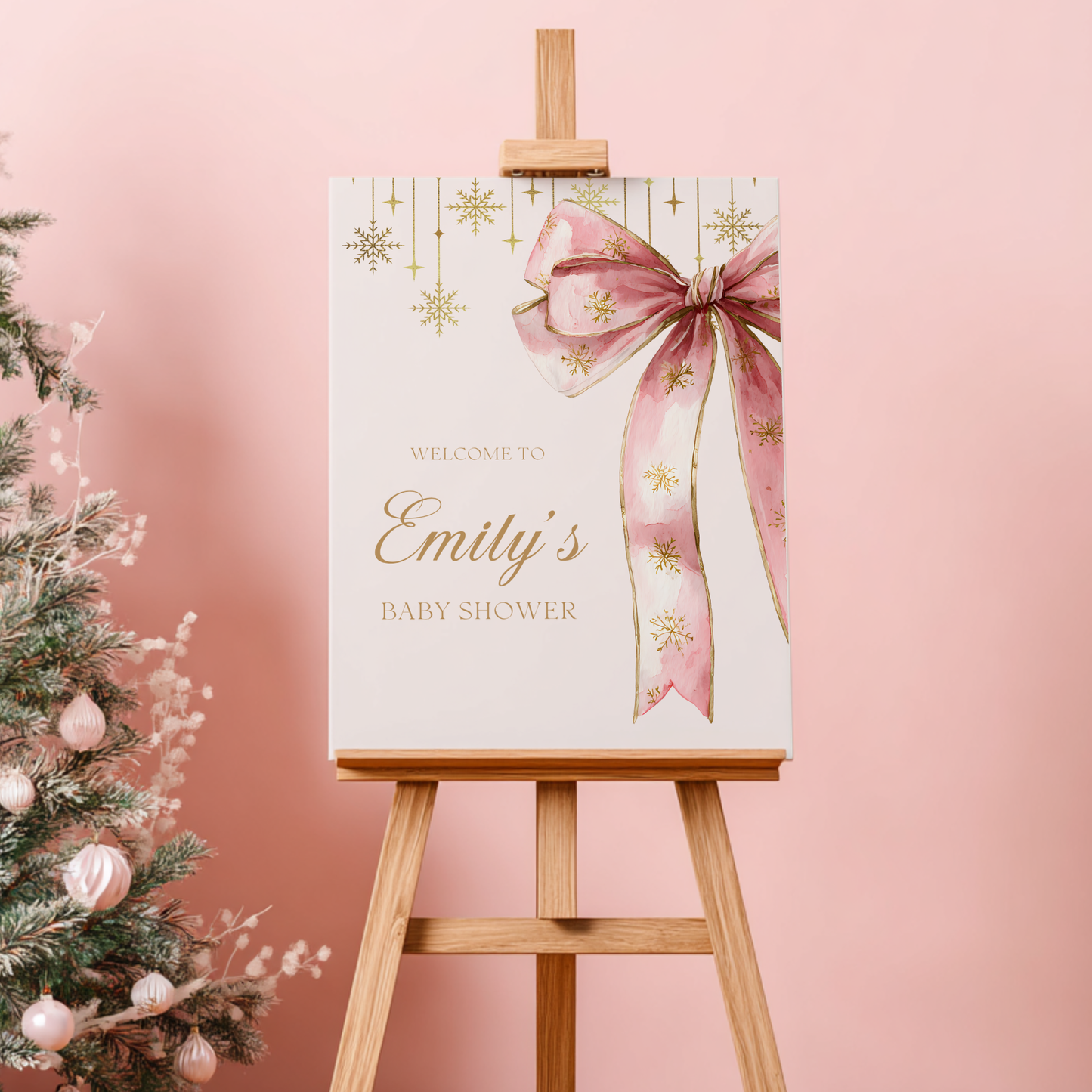 Pink Bow Christmas Baby Shower Welcome Sign for Girl BS250