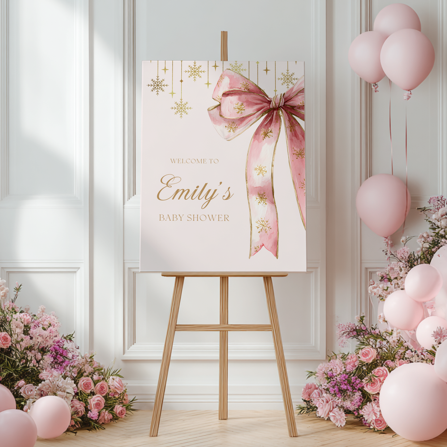 Pink Bow Christmas Baby Shower Welcome Sign for Girl BS250