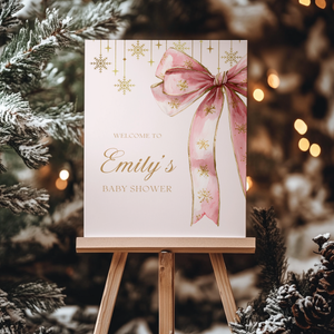Pink Bow Christmas Baby Shower Welcome Sign for Girl BS250