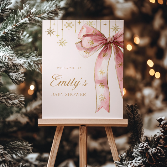 Pink Bow Christmas Baby Shower Welcome Sign for Girl BS250
