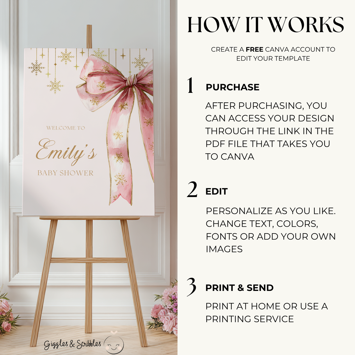 Pink Bow Christmas Baby Shower Welcome Sign for Girl BS250