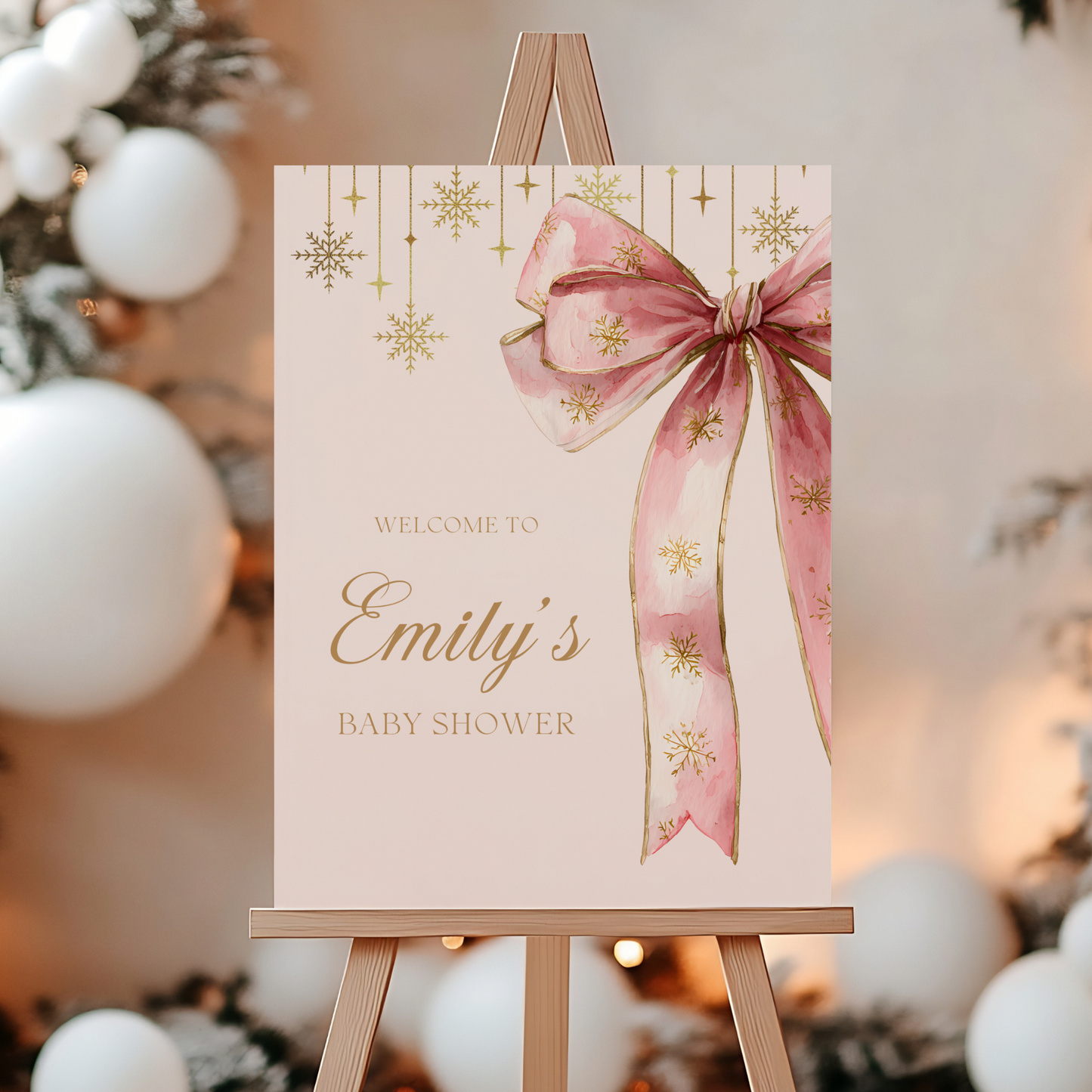 Pink Bow Christmas Baby Shower Welcome Sign for Girl BS250