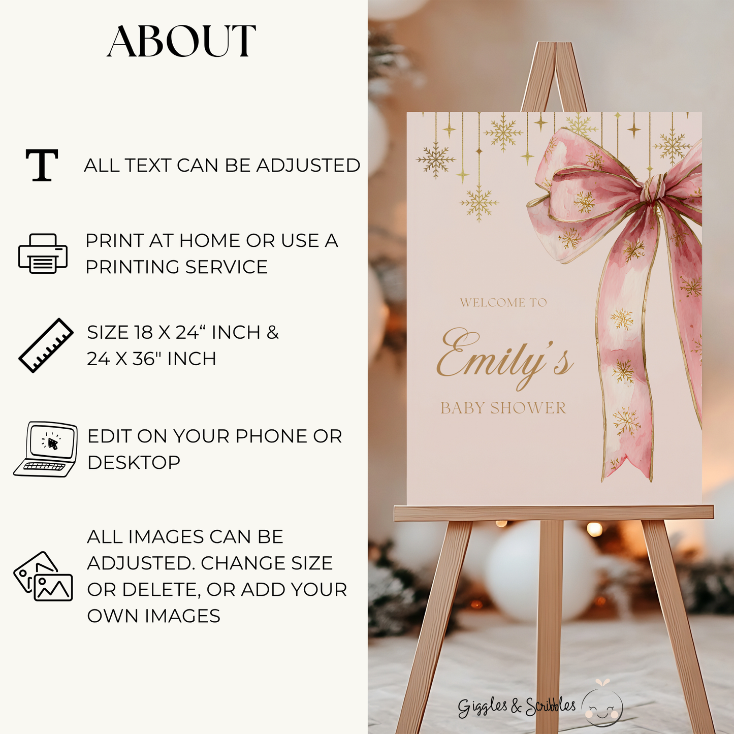 Pink Bow Christmas Baby Shower Welcome Sign for Girl BS250