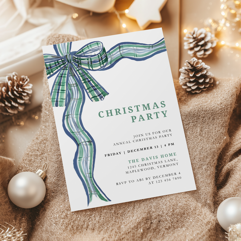 Classic Christmas Party Invitation Tartan Bow L57