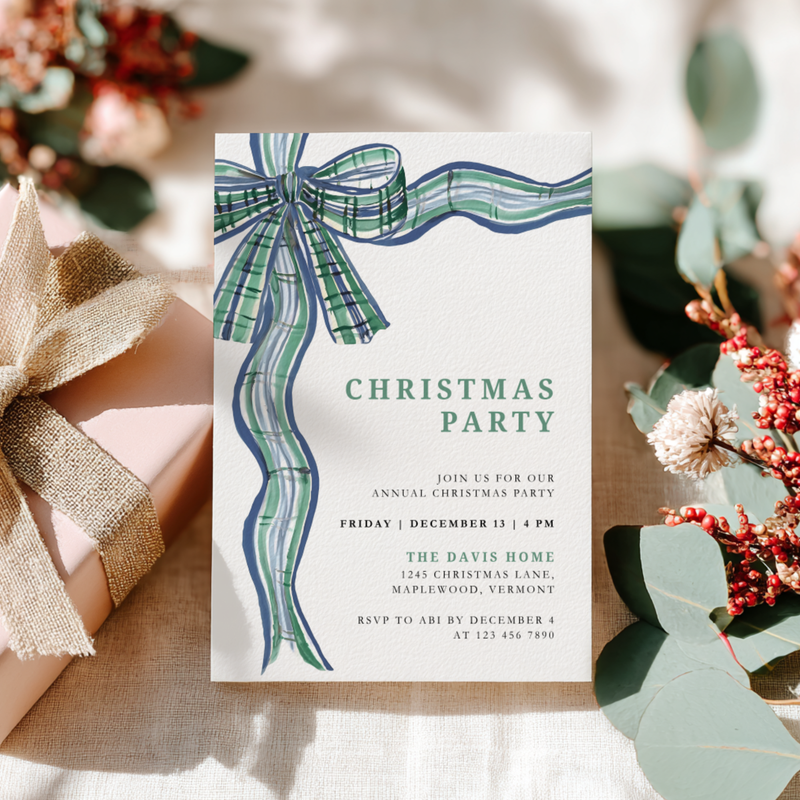 Classic Christmas Party Invitation Tartan Bow L57