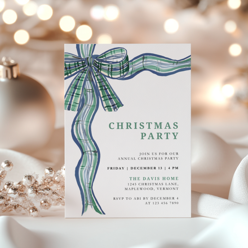 Classic Christmas Party Invitation Tartan Bow L57
