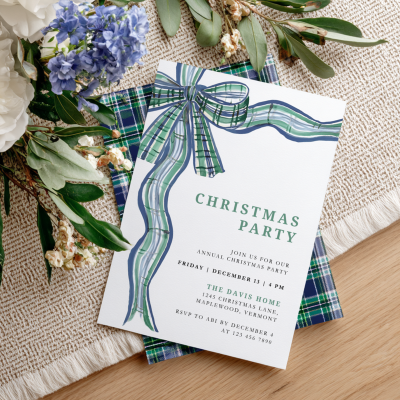Classic Christmas Party Invitation Tartan Bow L57