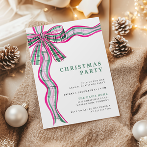 Pink Green Plaid Bow Christmas Party Invitation L57