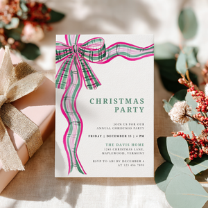 Pink Green Plaid Bow Christmas Party Invitation L57