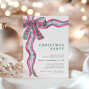 Pink Green Plaid Bow Christmas Party Invitation L57
