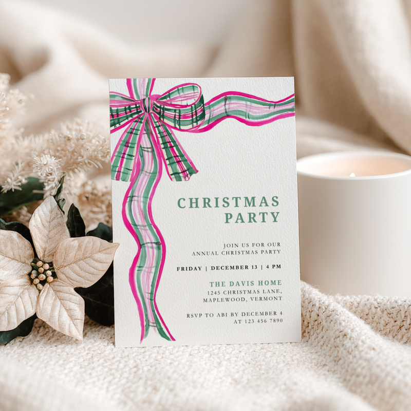 Pink Green Plaid Bow Christmas Party Invitation L57