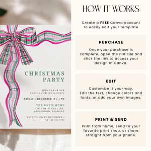 Pink Green Plaid Bow Christmas Party Invitation L57