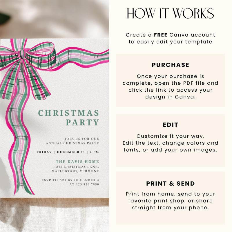 Pink Green Plaid Bow Christmas Party Invitation L57