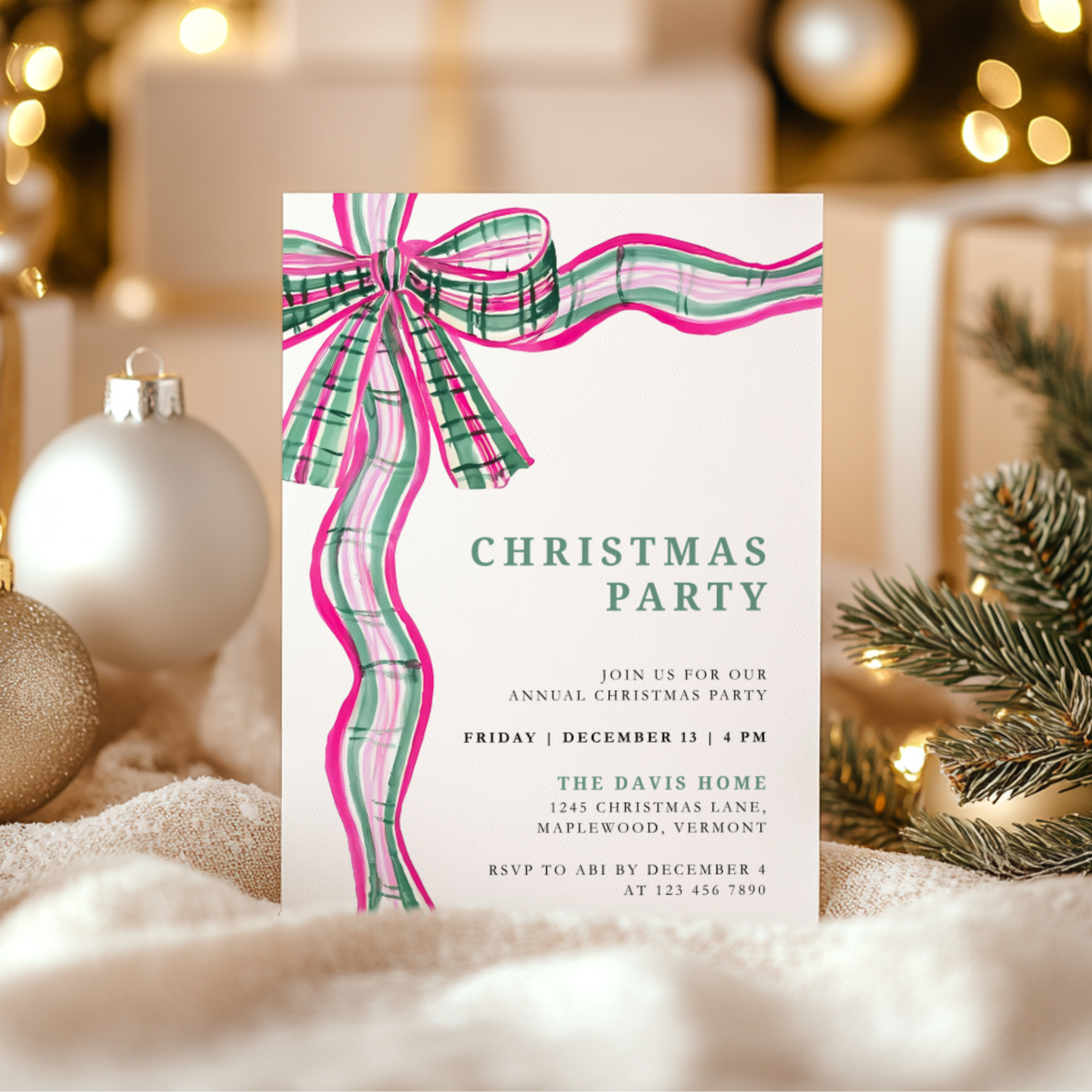 Pink Green Plaid Bow Christmas Party Invitation L57