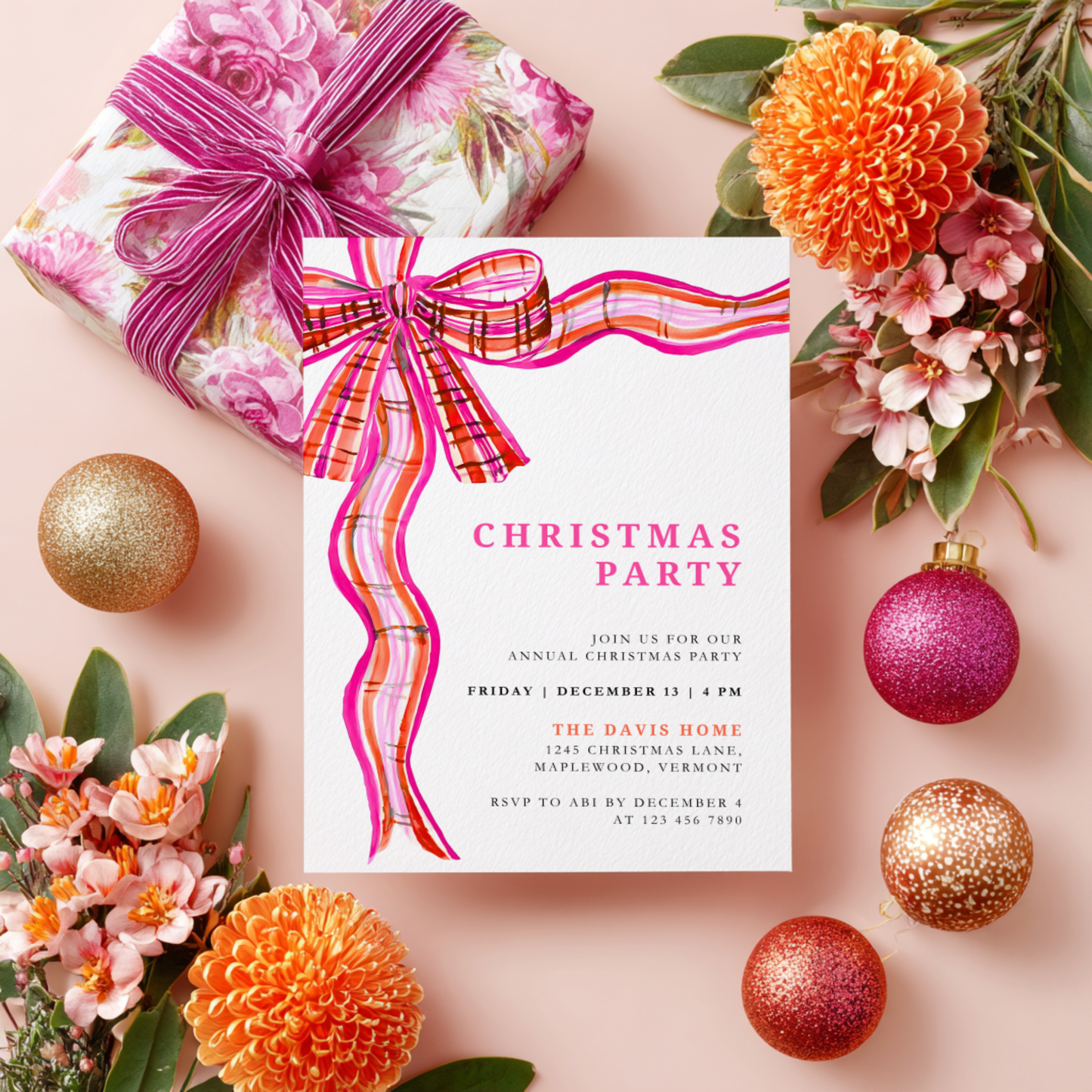 Preppy Christmas Party Invitation with Plaid Bow Pink Orange L57