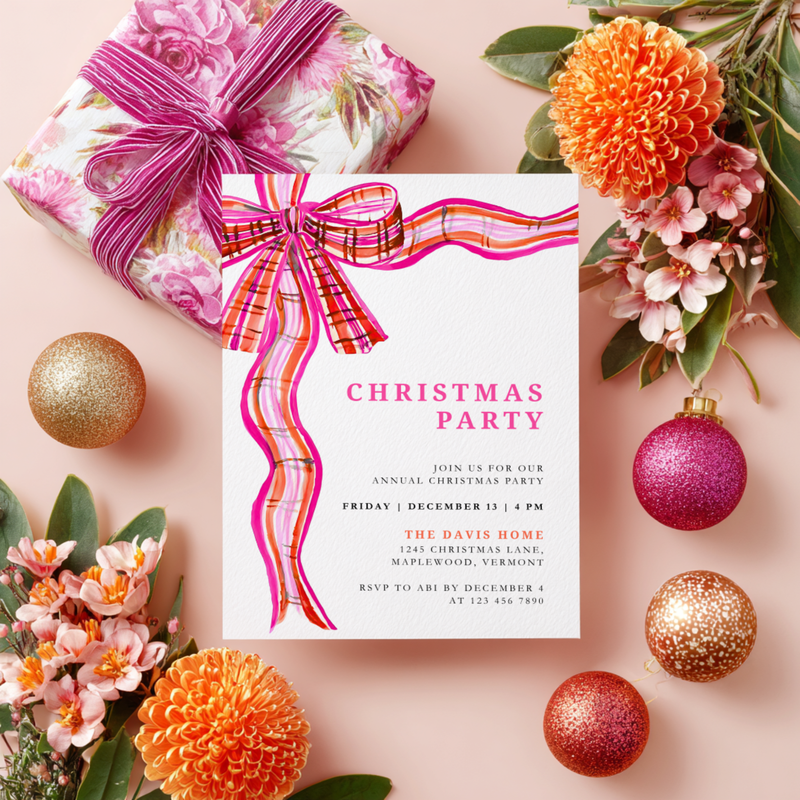 Preppy Christmas Party Invitation with Plaid Bow Pink Orange L57