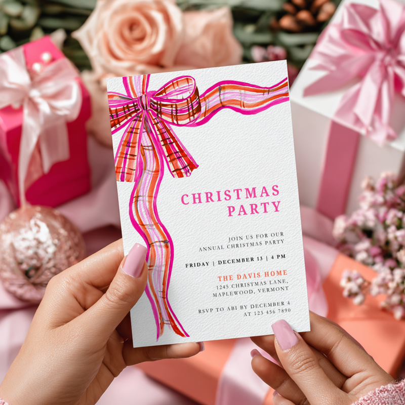 Preppy Christmas Party Invitation with Plaid Bow Pink Orange L57