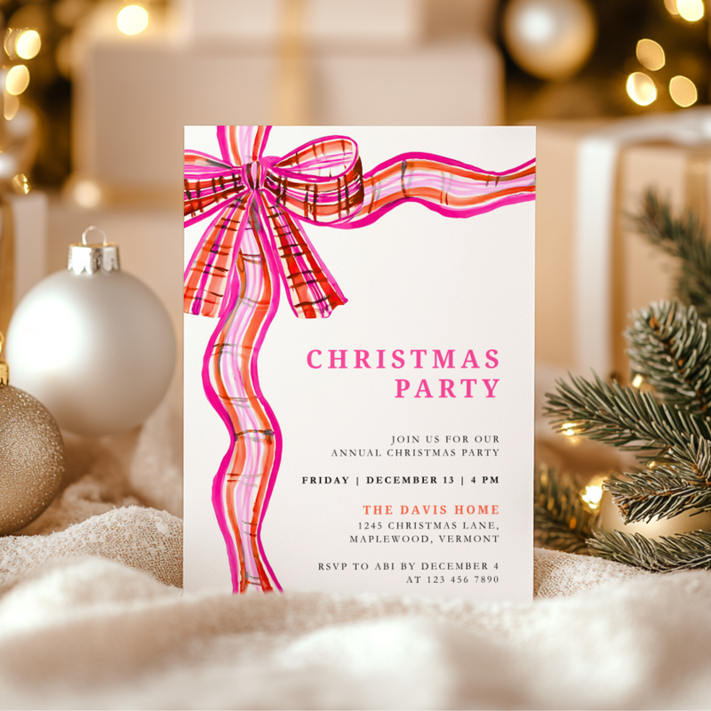 Preppy Christmas Party Invitation with Plaid Bow Pink Orange L57