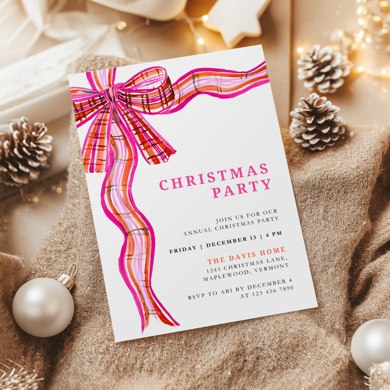 Preppy Christmas Party Invitation with Plaid Bow Pink Orange L57