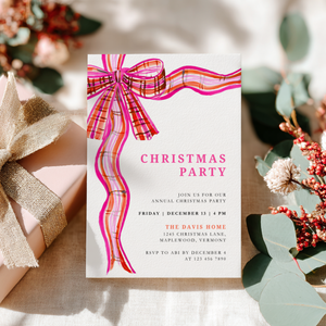 Preppy Christmas Party Invitation with Plaid Bow Pink Orange L57