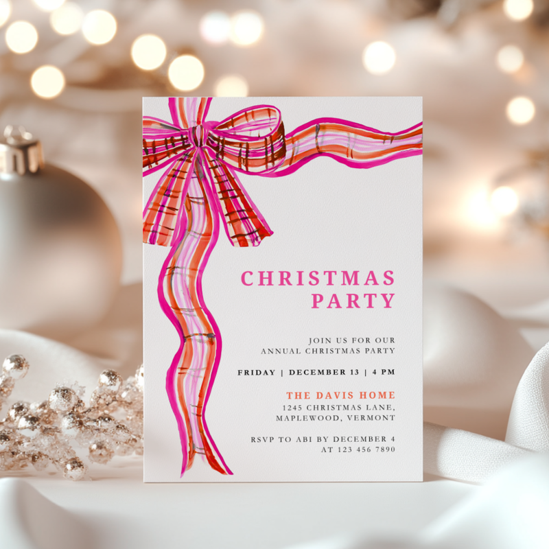 Preppy Christmas Party Invitation with Plaid Bow Pink Orange L57