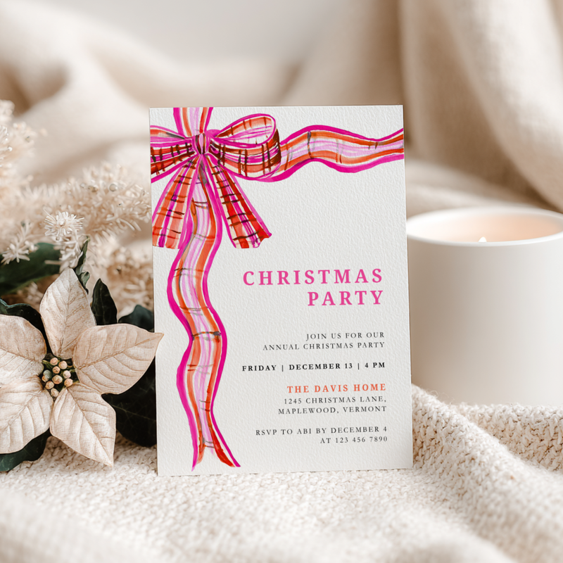 Preppy Christmas Party Invitation with Plaid Bow Pink Orange L57