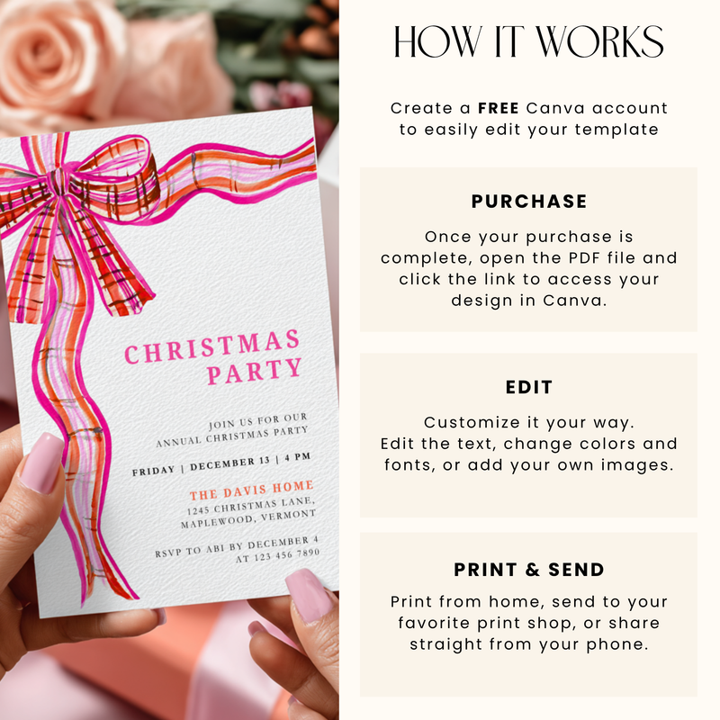 Preppy Christmas Party Invitation with Plaid Bow Pink Orange L57